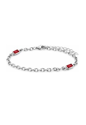 Silver chain bracelet with two rectangular red gemstones set on opposite sides, and a lobster clasp closure.