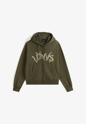 Olive green zip-up hoodie made of soft fabric featuring a front pocket and large, contrasting graphic text design on the chest.