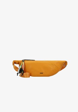 Marsupio in nylon giallo con una superficie liscia, manico regolabile e zip a contrasto. Presenta accenti colorati attaccati al tirazip.