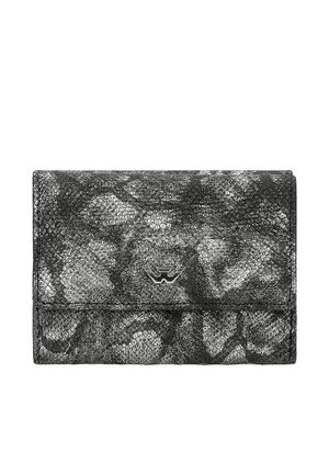 Black textured wallet with a metallic sheen, reptile pattern, and silver hardware accent featuring a small logo on the front.