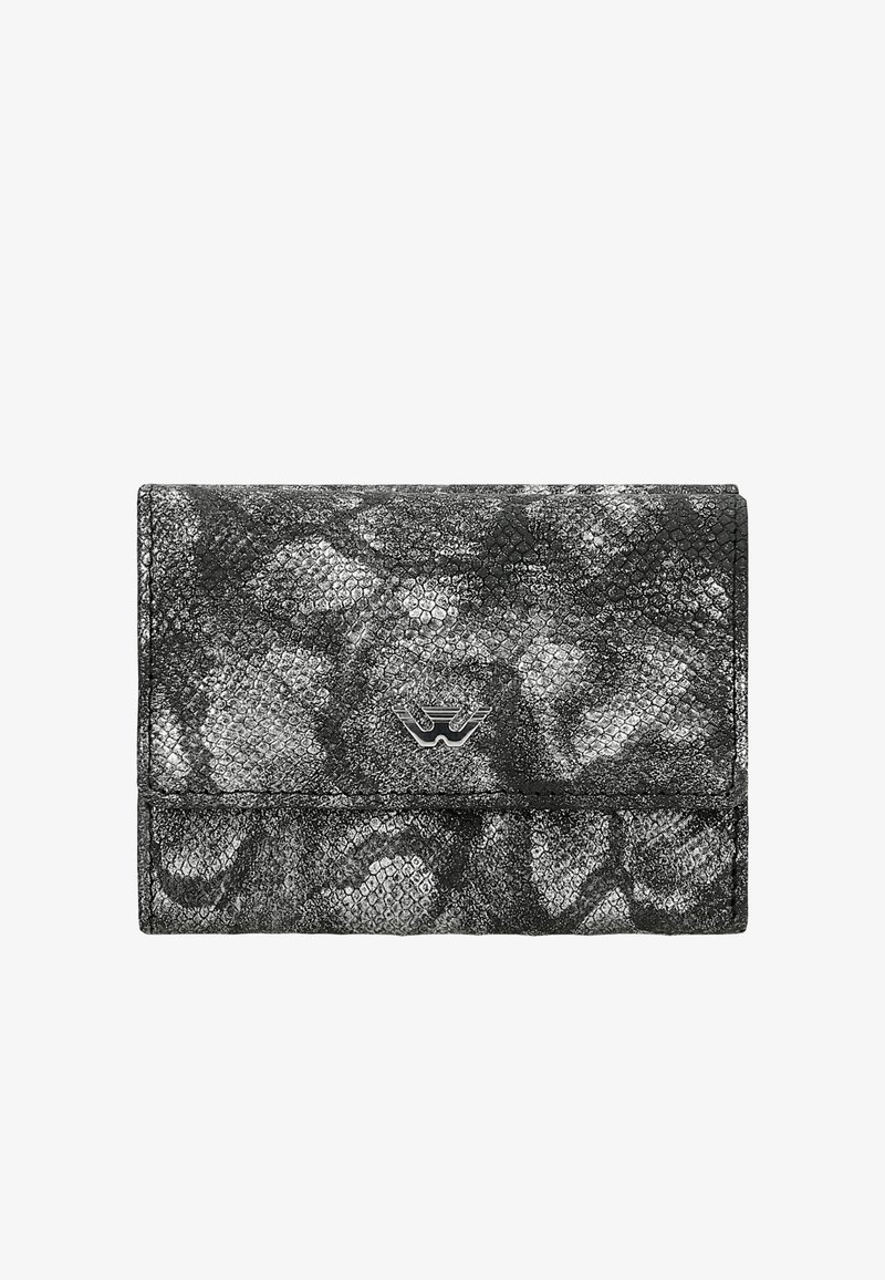 Zwarte gestructureerde portemonnee met een metallic glans, reptielenpatroon en zilveren hardware-accent, voorzien van een klein logo op de voorkant.