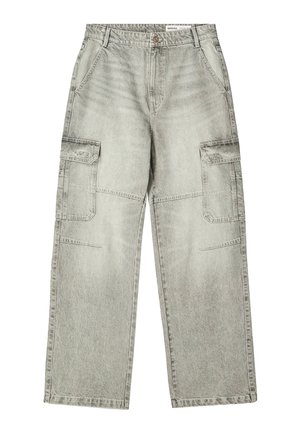 Svetlošedé široké cargo džínsy s prednými vreckami s klopou, bočnými vreckami, pútkami na opasok a gombíkovým zapínaním v páse.