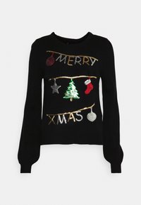 Schwarzer Pullover mit langen Ärmeln, verziert mit bunten, glänzenden Stickereien: "MERRY" in Gold, "XMAS" in Silber und festlichen Icons wie einem Baum und Strümpfen.