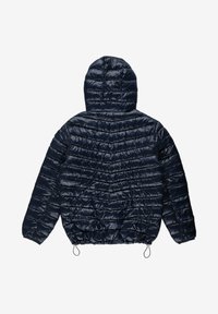 Granatowa kurtka puchowa z kapturem, z pikowanym wzorem, błyszczącą fakturą, elastycznymi sznurkami ściągającymi u dołu i długimi rękawami.