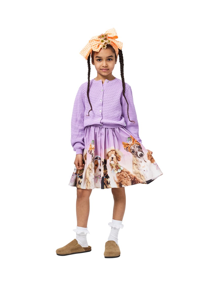 Πουλόβερ υφασμάτινο μοβ, φούστα λιλά με σχέδιο σκύλου, λευκές κάλτσες με δαντέλα, καφέ παντόφλες και πορτοκαλί κορδέλα καρό στα μαλλιά.
