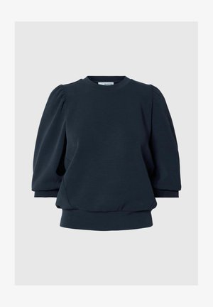 Temno modra pulover majica s krožnim izrezom, napihnjenimi rokavi, rebrastim robom in mehko teksturo. Enostaven dizajn brez vzorcev ali poudarkov.