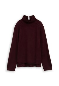Bordeaux breiseltrui met een hoge ribkraag en een voorste splitdetail. Heeft lange mouwen en een comfortabele pasvorm, met een gladde textuur.