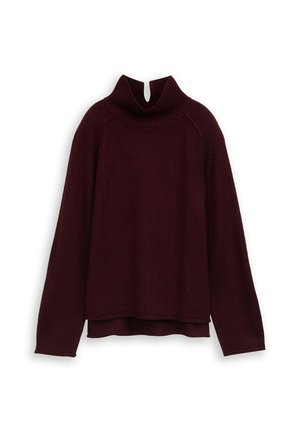 Bordeaux breiseltrui met een hoge ribkraag en een voorste splitdetail. Heeft lange mouwen en een comfortabele pasvorm, met een gladde textuur.