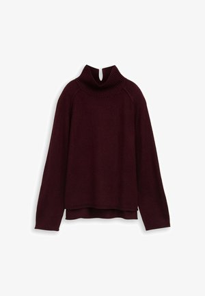 Bordowy sweter dziany z wysokim żebrowanym kołnierzem i szczegółem w postaci rozcięcia z przodu. Posiada długie rękawy i luźny krój, o gładkiej fakturze.