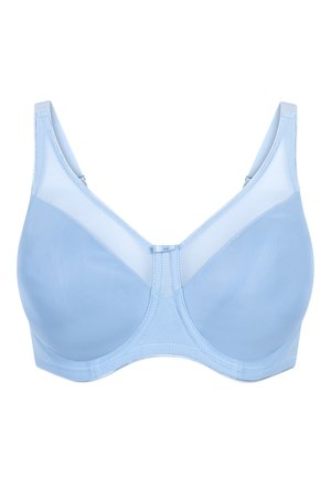 Lichtblauwe naadloze beha met beugel, gladde cups en verstelbare bandjes, ontworpen voor comfort en ondersteuning.