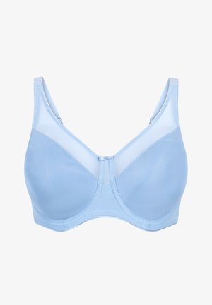 Lichtblauwe naadloze beha met beugel, gladde cups en verstelbare bandjes, ontworpen voor comfort en ondersteuning.