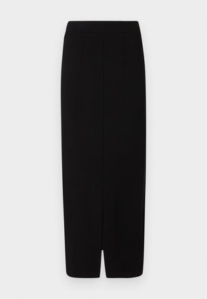 Czarna spódnica ołówkowa wykonana z gładkiego materiału, z wysokim stanem, dwiema fałdami z przodu oraz rozporkiem na dolnym brzegu dla ułatwienia ruchów.