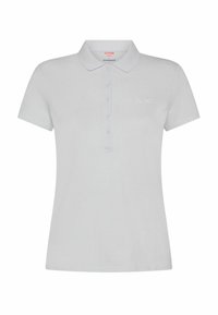 Polo grigio chiaro realizzato in tessuto testurizzato. Maniche corte, colletto classico, apertura a 5 bottoni e logo ricamato discreto sul petto.