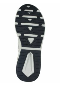 Svart gummisula med vita accenter, med horisontella och triangulära mönster, som ger dragkraft och stabilitet.