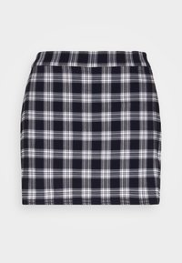 Károvaná mini sukně s námořnickými a bílými vzory, vyrobená z měkké textilie, s přiléhavým pasem, rovného střihu a spodním lemem končícím nad koleny.