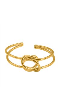 Goldfarbene Armcuff mit zwei parallelen Bändern und einem zentralen Knotendetail. Glatte Oberfläche, minimalistisches Design, verstellbare Passform.