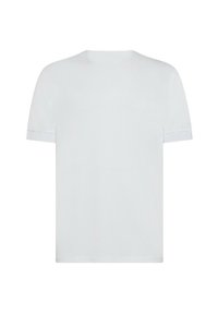 T-shirt bianco a maniche corte in cotone. Collo a giro semplice con una texture morbida e orli arrotolati. Nessun motivo o logo visibile.