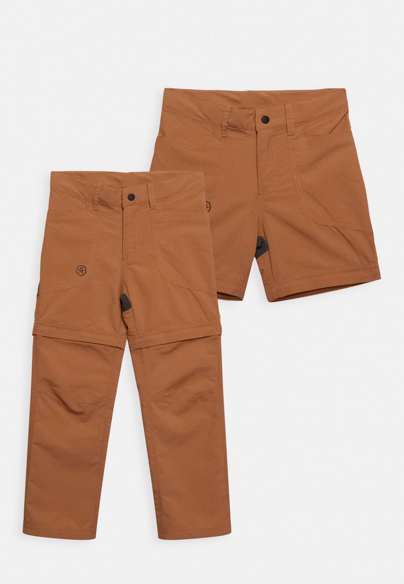 Bruna konvertibla byxor, tillverkade av slitstarkt tyg, med knappknäppning, sidofickor och en design som övergår till shorts.