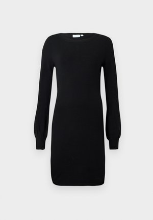 Black knitted dress with long, puffed sleeves and a rounded neckline. The fabric is smooth, substantial, and features a form-fitting silhouette.