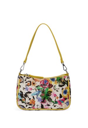 Piccola borsa rettangolare con tracolla gialla, motivo floreale multicolore e testo del logo nero e rosa sul davanti su sfondo bianco.