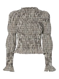 Smocked bluse med rutete mønster i svart, hvit og beige. Volangkant ved hals og ermer, lange ermer, kort passform.