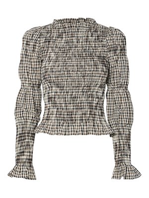 Smocked bluse med rutete mønster i svart, hvit og beige. Volangkant ved hals og ermer, lange ermer, kort passform.