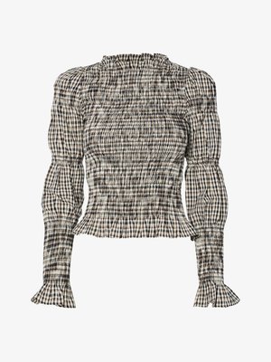 Smocked bluse med rutete mønster i svart, hvit og beige. Volangkant ved hals og ermer, lange ermer, kort passform.