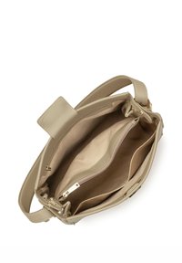 Borsa a mano in pelle beige con superficie strutturata, scomparti con cerniera e manico superiore piatto. Interno con due tasche e fodera.