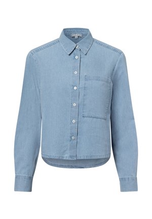 Hellblaues Jeanshemd mit durchgehender Knopfleiste, Haifischkragen, langen Ärmeln und einer einzelnen Brusttasche. Weiche Textur mit kurzem Schnitt.