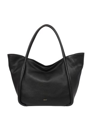 Black leather tote bag with a relaxed silhouette, distinct curved shape, and dual shoulder straps. Features a subtle brand logo on the front.