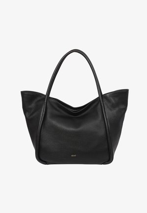 Black leather tote bag with a relaxed silhouette, distinct curved shape, and dual shoulder straps. Features a subtle brand logo on the front.