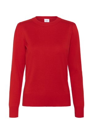 Suéter rojo de punto hecho de un material suave. Presenta un escote redondo, mangas largas y puños y dobladillo acanalados. Diseño sencillo.