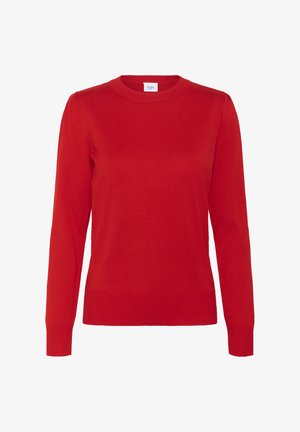 Roter Pullover aus weichem, gestricktem Material. Mit Rundhalsausschnitt, langen Ärmeln und gerippten Bündchen und Saum. Einfaches Design.