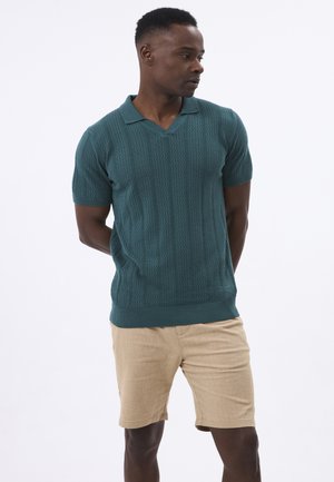 Camisa polo de punto en color azul verdoso con escote en V y mangas cortas, combinada con pantalones cortos en color caqui. La camisa presenta un diseño texturizado y con patrones.
