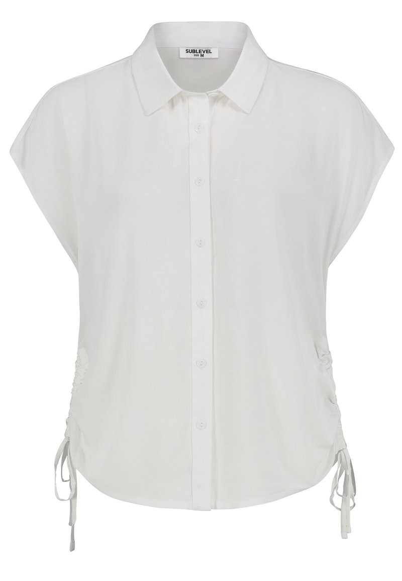 White short-sleeve shirt with a collared neckline, button front, and drawstring details at the sides for adjustable fit. Smooth fabric texture.