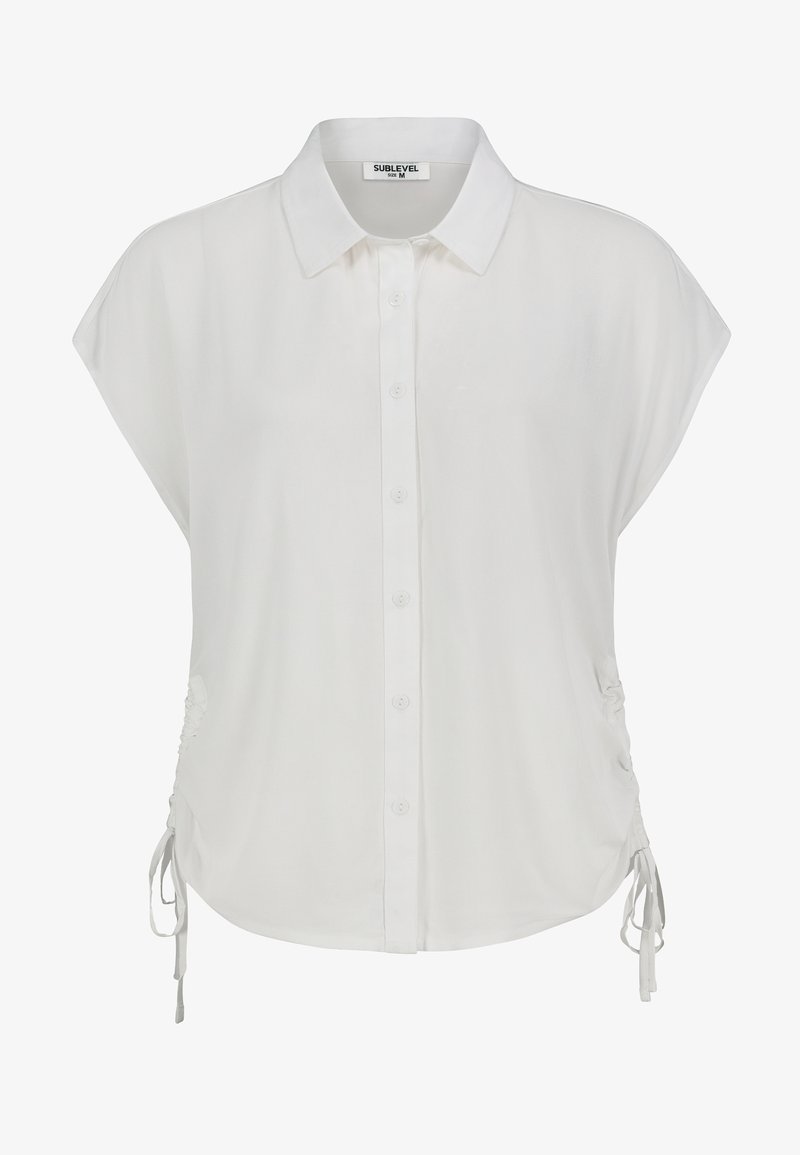 White short-sleeve shirt with a collared neckline, button front, and drawstring details at the sides for adjustable fit. Smooth fabric texture.