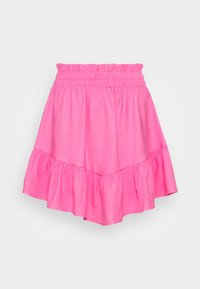 Falda de algodón rosa con un dobladillo con Volantes y una cinturilla elástica. Presenta un diseño en capas, textura ligera y forma acampanada.