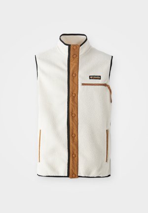 Fleece vest in cream with a high collar, brown accents, and zippered pocket. Features black trim and snap button closure along the front.
