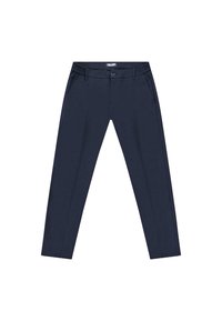 Marineblauwe broek met een gladde stofafwerking. Voorzien van zijzakken en een comfortabele elastische tailleband. Slimme, taps toelopende pijpdesign.