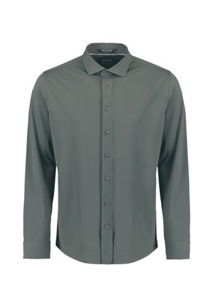 Herenoverhemd met lange mouwen in een gedempte groene kleur. Gemaakt van gladde stof met een puntige kraag en een knoopsluiting met donkere knopen.
