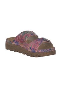 Sandales glissantes colorées avec un motif, deux larges bandes, une semelle en liège et des bords arrondis. Les accents de boucle sur les bandes renforcent le design.