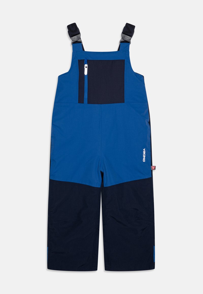 Bib para neve em azul e marinho com alças ajustáveis, bolso frontal e detalhe de logotipo. Feito de um tecido texturizado e durável. Design com pernas largas.