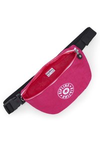 Felle roze stoffen heupband met een zwarte verstelbare riem, ritssluiting en een ronde logo-detail. De binnenkant is gevoerd met bijpassend roze materiaal.