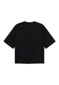 Tricou negru, cu mânecă scurtă, supradimensionat, cu guler rotund. Material din bumbac neted, design simplu, fără modele sau accente. Vedere din spate.
