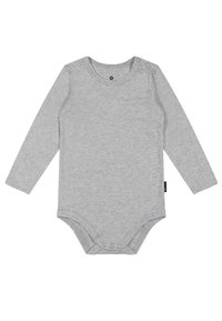 Langærmet grå bodysuit lavet af blødt stof, med trykknapper ved skuldrene og bunden for nem påklædning.