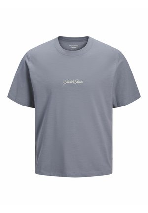 Grijs T-shirt met korte mouwen en ronde hals met het witte "Jack & Jones" logo gecentreerd op de borst, getoond op een effen witte achtergrond.