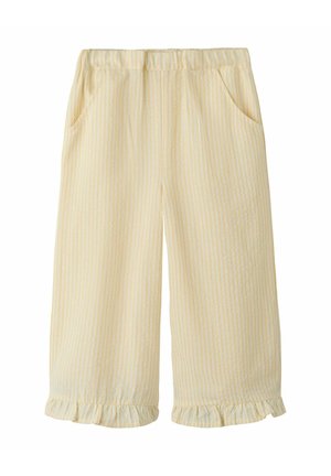 Heledad kollase ja valge triibuga laia säärega püksid, elastse vöökohaga, küljetaskutega ja volangiga äärega.