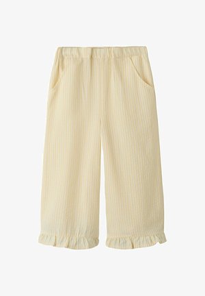 Világos sárga és fehér csíkos, bőszárú nadrágok rugalmas derékpánttal, oldalzsebekkel és fodros szegéllyel.