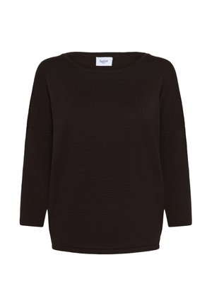 Maglione nero a maglia con scollatura rotonda, maniche a tre quarti e vestibilità rilassata. Presenta una texture morbida e dettagli minimi.