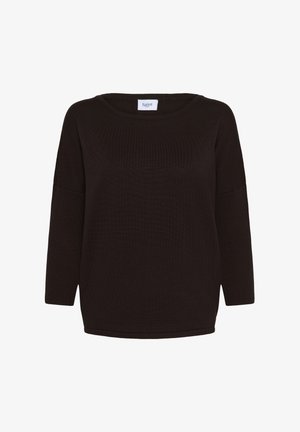 Schwarzer Strickpullover mit Rundhalsausschnitt, Dreiviertelärmel und lockerer Passform. Verfügt über eine weiche Textur und minimalistische Details.